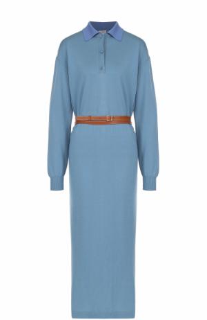Вязаное платье-рубашка с контрастным поясом Loewe. Цвет: голубой