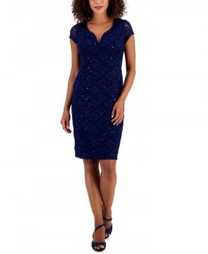 Женское кружевное платье с короткими рукавами и v-образным вырезом , синий Connected