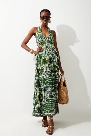 Летнее многоярусное платье макси с пальмами , зеленый Karen Millen