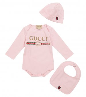 Комплект из хлопкового боди, шапочки и нагрудника с логотипом baby , красный Gucci