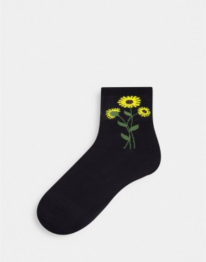 Черные носки из органического хлопка с принтом подсолнухов Polly-Черный цвет Monki