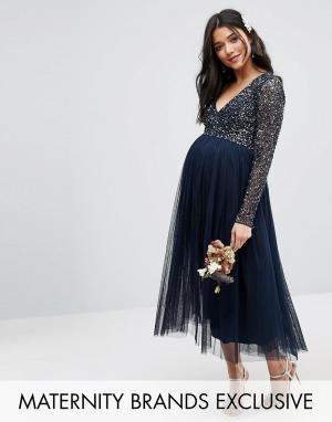 Платье миди для беременных с длинными рукавами и тюлевой юбкой Maya Ma Maternity. Цвет: темно-синий