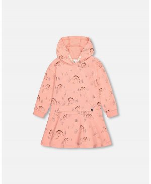 Платье из френч-терри для девочек с капюшоном, лососево-розовый принтом оленя - детей Deux par