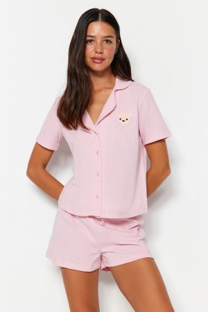 Светло-розовый хлопковый вязаный пижамный комплект с вышивкой «Плюшевый мишка Тедди» Trendyol