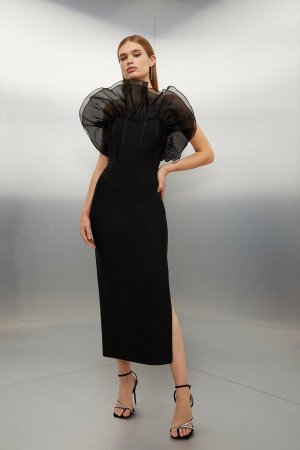 Вязаное платье мидакси с оборками из органзы и фигурной повязкой, черный Karen Millen