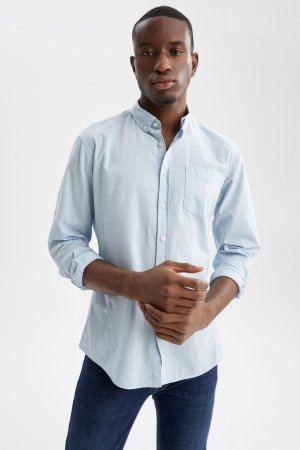 Рубашка узкого кроя с воротником-поло и длинными рукавами , синий DeFacto