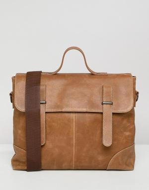 Светло-коричневый кожаный портфель ASOS DESIGN. Цвет: рыжий