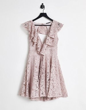 Серо-коричневое кружевное платье мини с расклешенной юбкой и оборками -Розовый цвет TFNC