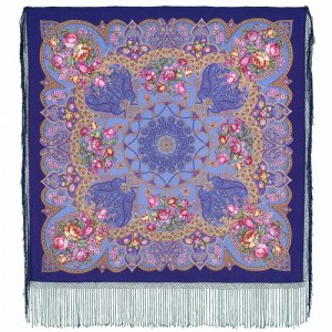 Платок ,148х148 см, голубой, розовый Павловопосадская платочная мануфактура. Цвет: синий