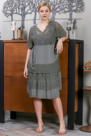 Женское итальянское платье цвета хаки с рукавами и юбкой, кружевное платье-миди на подкладке, Chiccy