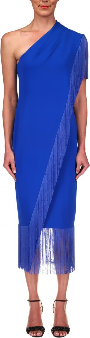 Платье из эластичного крепа с бахромой , цвет Mediterranean Blue Badgley Mischka