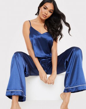 Темно-синий пижамный комплект из майки и брюк с широкими штанинами атласной ткани контрастной отделкой x Lorna Luxe In The Style