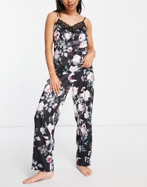 Атласный пижамный комплект из топа на бретелях и брюк черного цвета с цветочным принтом -Разноцветный Lipsy