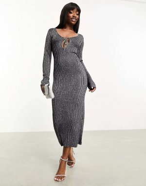 Вязаное платье макси с вырезом из металлизированной пряжи серебристого цвета ASOS