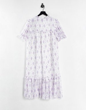 Платье миди с оборками на лифе и винтажным цветочным принтом -Multi Lost Ink