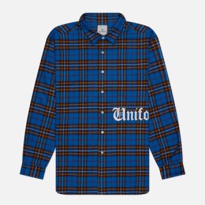 Мужская рубашка Flannel Check Gothic Logo Baggy uniform experiment. Цвет: синий
