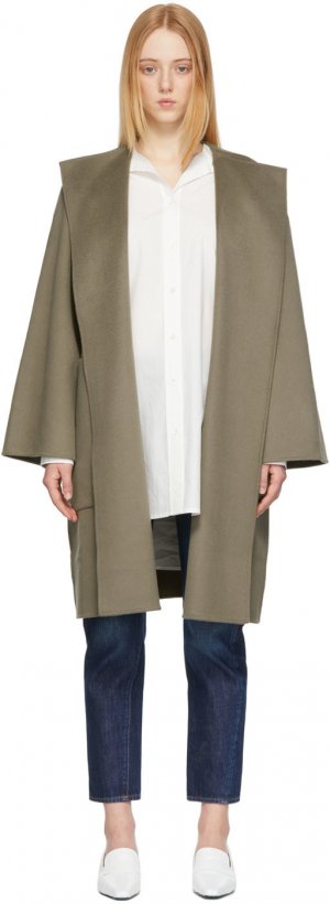 Пальто-накидка из двойной шерсти серо-коричневого цвета Totême