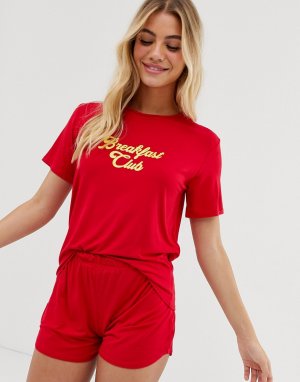 Пижамный комплект с шортами и футболкой принтом breakfast club -Красный Adolescent Clothing
