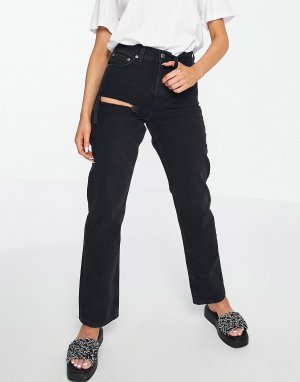 Черные выбеленные джинсы Dad с рваными карманами Topshop