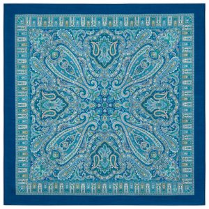Платок ,89х89 см, голубой, бежевый Павловопосадская платочная мануфактура. Цвет: синий/бежевый/голубой