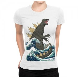 Футболка с принтом Годзилла и Волна в Канагаве / Большая Женская Белая M DREAM SHIRTS. Цвет: белый