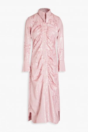 Платье-рубашка миди из жоржета со сборками и пайетками Ganni, розовый GANNI