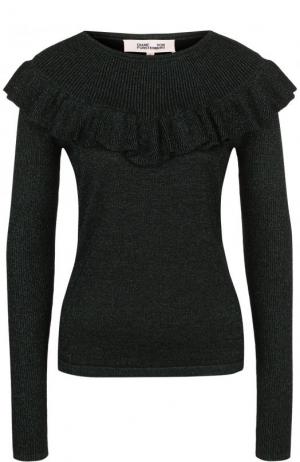 Приталенный пуловер с круглым вырезом и оборками Diane Von Furstenberg. Цвет: темно-зеленый