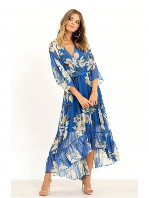 Синее платье-кимоно миди с цветочным принтом и запахом , синий Yumi