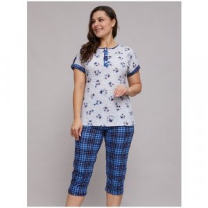 Пижама , футболка, бриджи, короткий рукав, пояс на резинке, размер 52, мультиколор Алтекс. Цвет: серый/синий/голубой