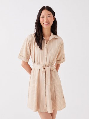 Полосатое женское платье-рубашка с коротким рукавом LCW Casual
