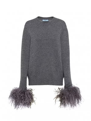 Кашемировый свитер с круглым вырезом и отделкой перьями , серый Prada