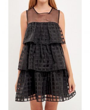 Женское многоярусное мини-платье без рукавов в сетку из ганзы , черный English Factory
