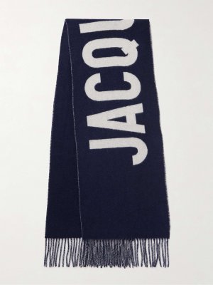 Жаккардовый шарф из натуральной шерсти с бахромой и логотипом JACQUEMUS, нави Jacquemus
