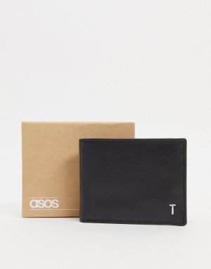 Черный кожаный бумажник с серебристым инициалом T -Черный цвет ASOS DESIGN
