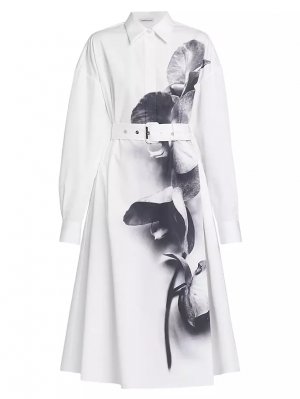 Платье-рубашка миди из поплина с орхидеей Alexander Mcqueen, черный McQueen