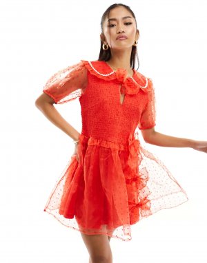 Красное мини-платье из тюля добби с присборенной грудью Neon Rose