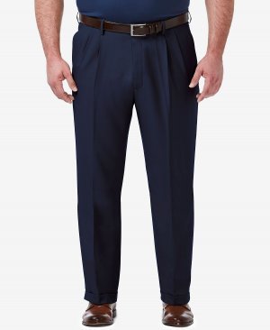 Мужские однотонные плиссированные классические брюки большого и высокого качества премиум-класса из эластичного материала классического кроя , синий Haggar