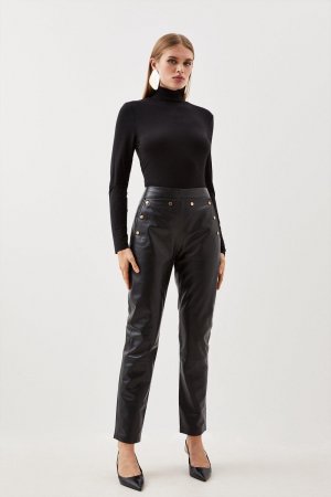 Кожаные брюки с пуговицами , черный Karen Millen
