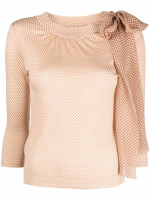 Блузка 2010-х годов с бантом и узором в горох Christian Dior. Цвет: коричневый