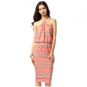 Летнее платье с лямочками через шею и поясом-резинкой (7506, оранжевый, размер: 52) Vilatte. Цвет: розовый/оранжевый