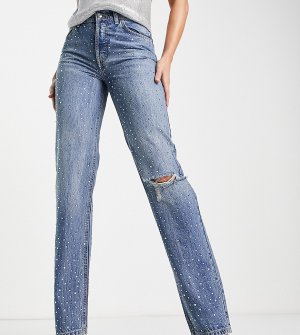 Прямые джинсы с заниженной талией из смесового органического хлопка со сплошной отделкой стразами и рваной на колене ASOS DESIGN Tall-Голубой Tall