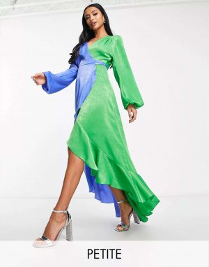 Платье макси с объемными рукавами и рюшами London Petite контрастного синего зеленого цвета Flounce
