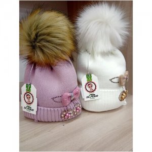 Зимняя шапка с отворотом и меховым помпоном для девочки,4-5 лет. siRius. Цвет: белый/фиолетовый
