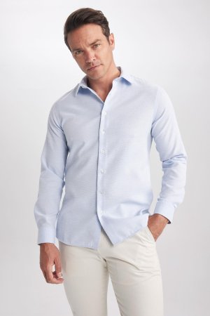 Приталенная хлопковая рубашка с длинными рукавами и текстурированной отделкой , синий DeFacto