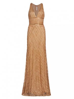 Платье с V-образным вырезом и геометрическим бисером , золото Naeem Khan
