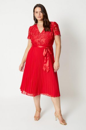Платье миди с атласной кружевной юбкой и складками премиум-класса , красный Coast