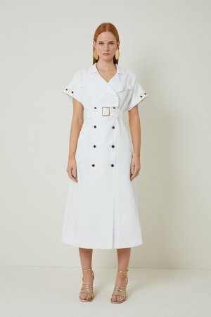 Миниатюрное платье-рубашка миди из льна ViscoseFluid с двубортным поясом, белый Karen Millen