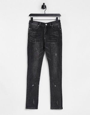 Черные зауженные джинсы с принтом брызг краски -Черный цвет Good For Nothing