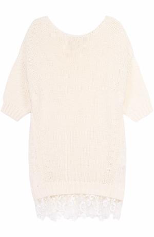 Удлиненный пуловер фактурной вязки с кружевной отделкой Ermanno Scervino. Цвет: белый