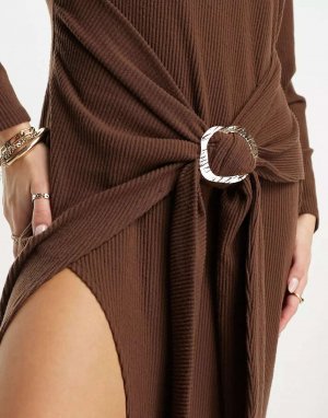 Сверхмягкое платье макси с длинными рукавами и драпировкой-саронгом шоколадно-коричневого цвета ASOS